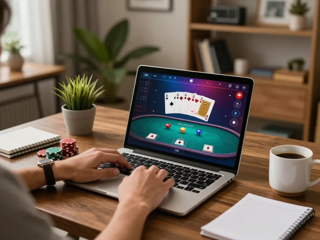 Engaging poker gameplay at home with sun win platform visible on screen, enhancing strategic gaming experience.