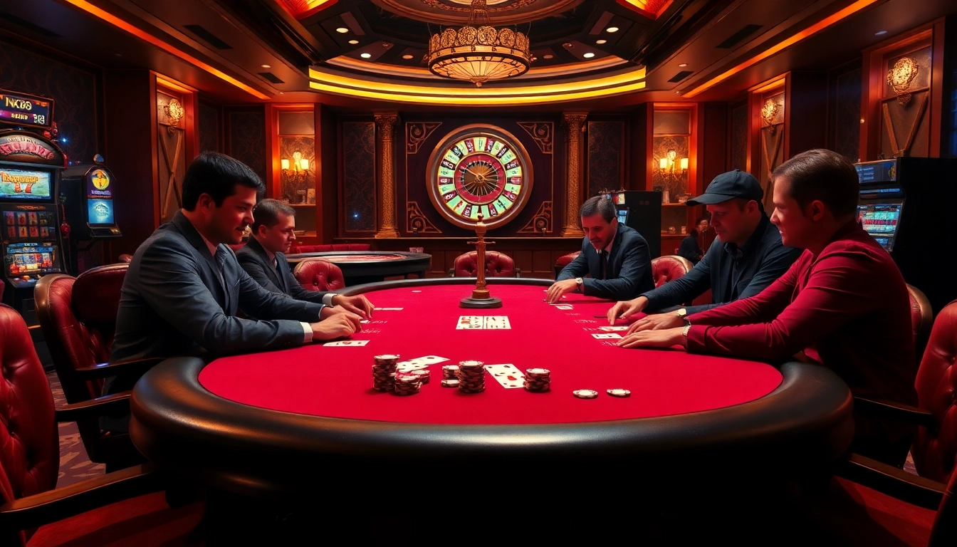 Players enjoying high-stakes poker at NK88, surrounded by vibrant casino elements.