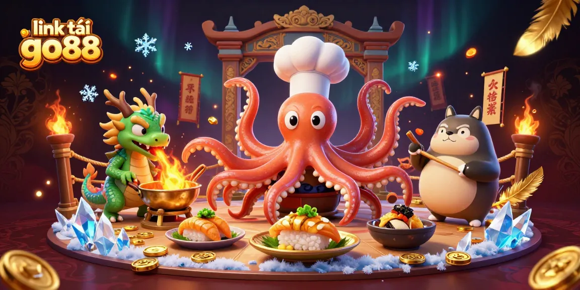 Engage with the vibrant world of link tải go88 showcasing a sushi chef octopus, dragon, and tanuki amid dynamic casino elements.
