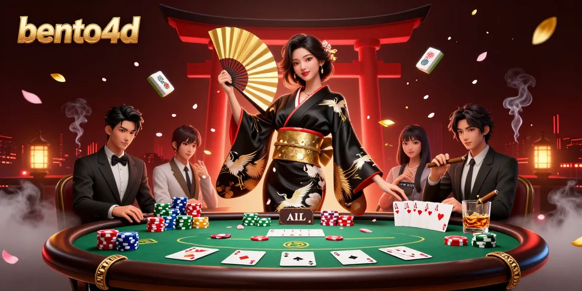 Berinteraksi dengan bento4d di meja kasino dengan wanita Asia menawan dan elemen poker yang cerah.