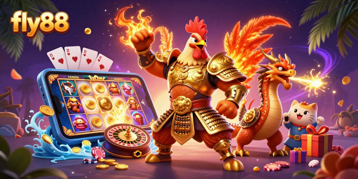 fly88 showcases a thrilling scene with a rooster warrior, dragon hatchling, and gaming elements in an exciting casino atmosphere.
