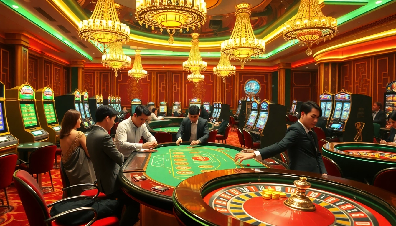 A thrilling casino atmosphere showcasing 링크모음 with poker tables, slot machines, and players strategizing their moves.