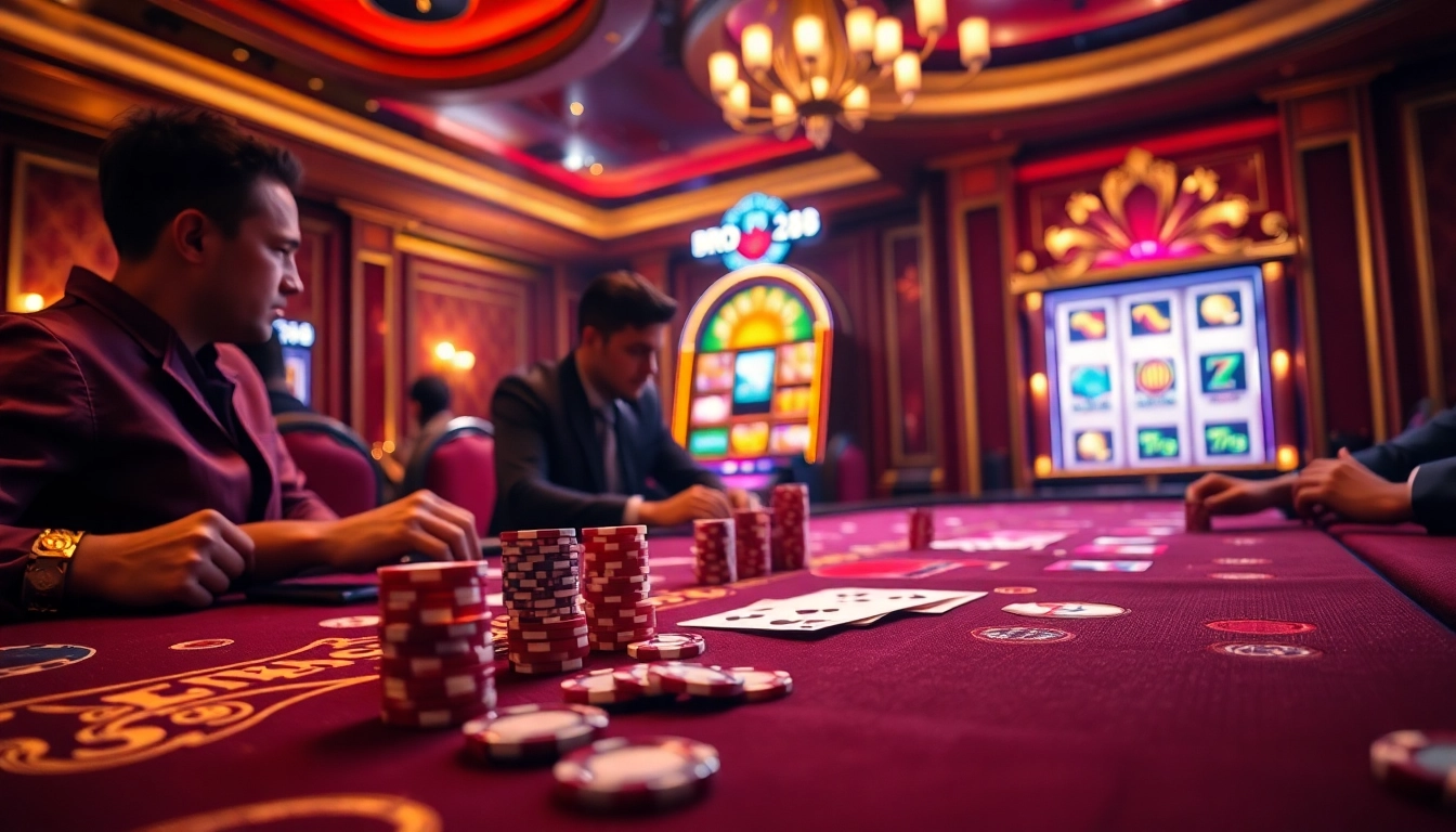 Engage in high-stakes gaming at Bro138's luxurious casino tables with vibrant poker chips and cards.