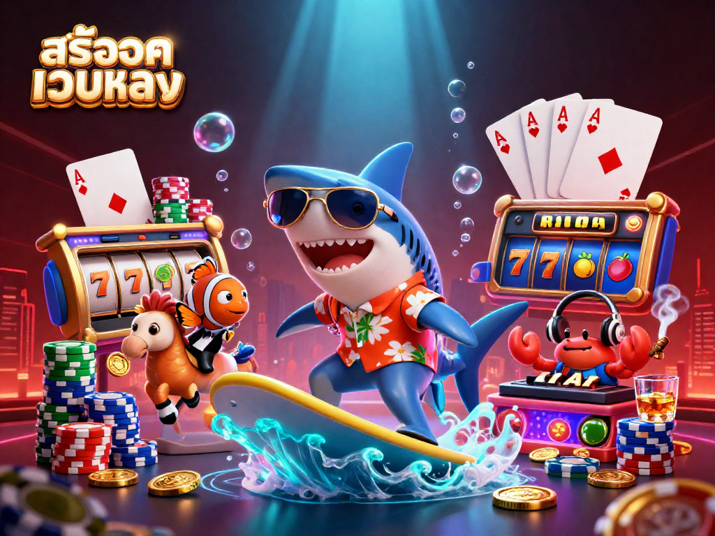 Experience thrilling สล็อตเว็บตรง action with a shark, clownfish, and crab in a dynamic casino setting.