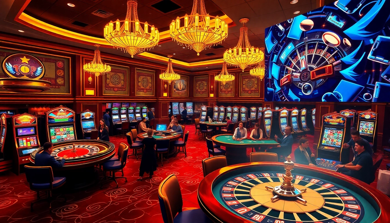 Exciting casino scene illustrating sơ đồ trang web ee88 with luxurious tables and vibrant games.