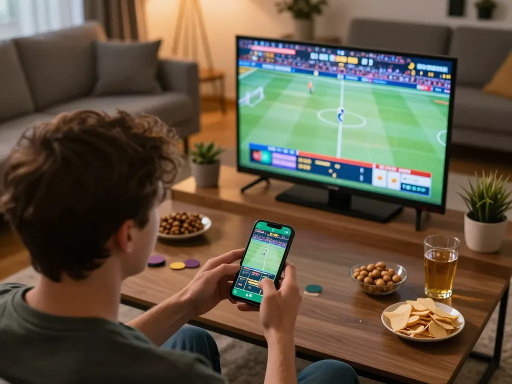 Engaging in sports betting with 23vn23 on smartphone from a cozy home setting while watching games.