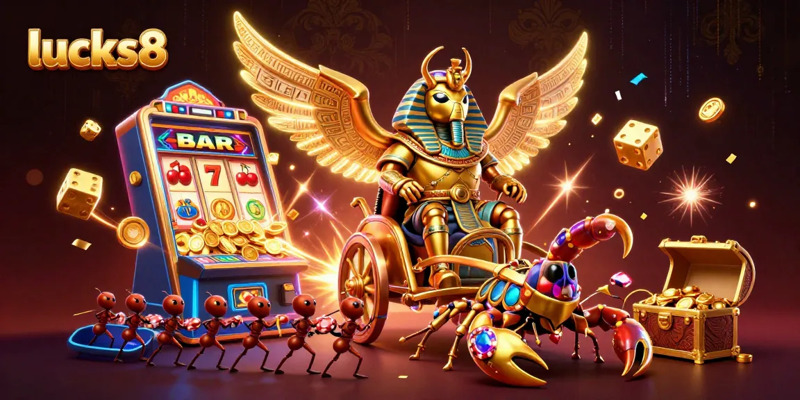 Engage with lucks8's thrilling casino experience featuring a golden scarab beetle and exciting slot machine elements.