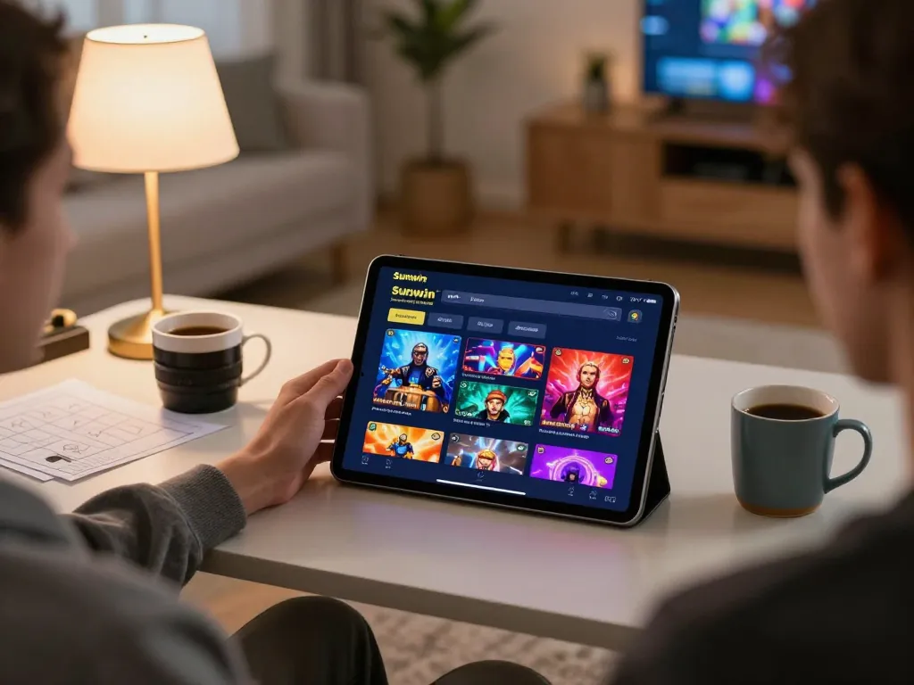 Player interacting with Sunwin casino app on tablet in a cozy home setting, strategy notes visible.
