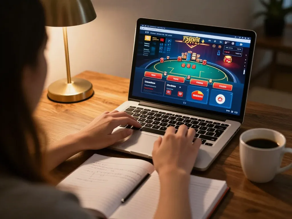 Engaging online player exploring kuwin casino games through a laptop setup at home.