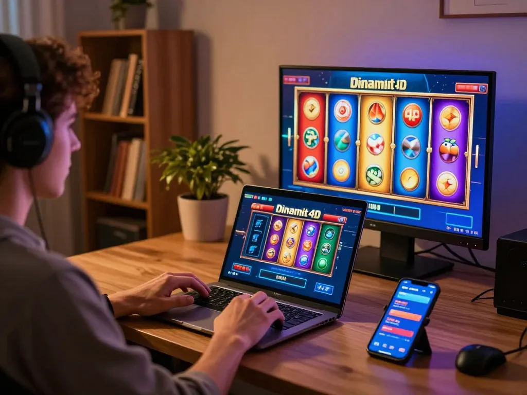 Player enjoying Dinamit4D slots on laptop in a stylish home workspace, showcasing interactive online gambling.
