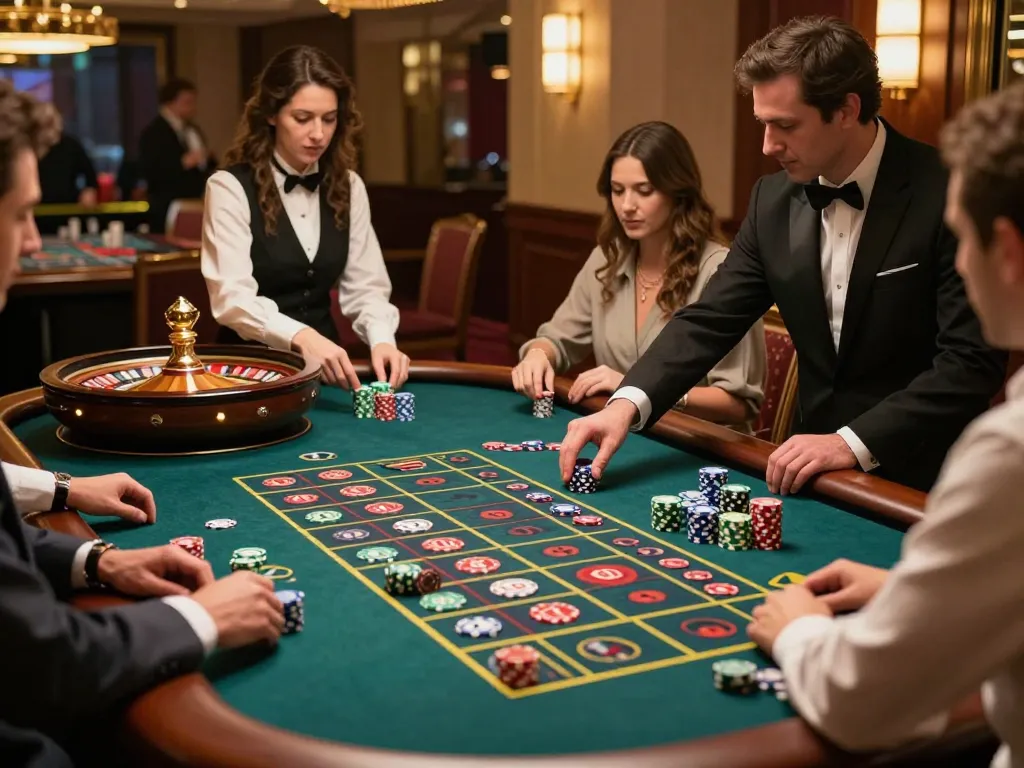 IDNSCORE players eagerly betting at an upscale roulette table as the croupier spins the wheel.