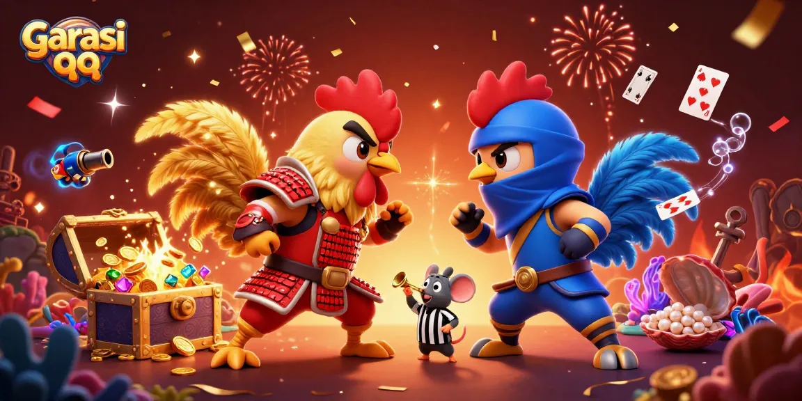 Garasi qq roosters in an epic standoff amidst gold coins and rich gaming elements.