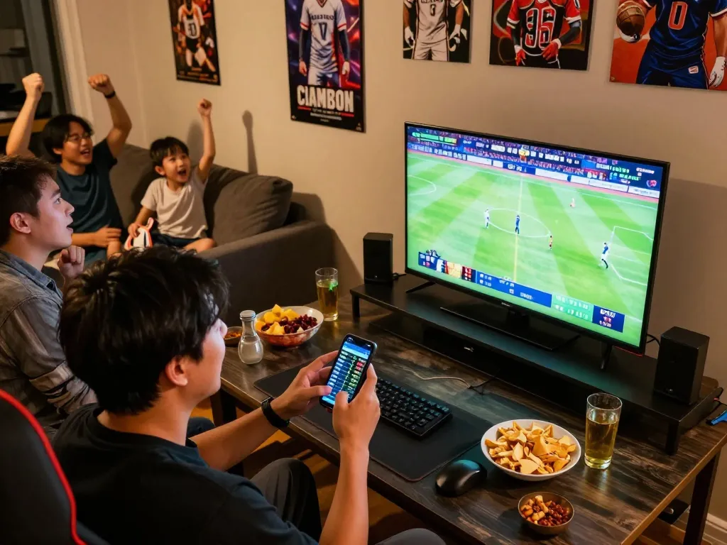Xoilac TV viewer analyzing sports odds while enjoying a live game with friends