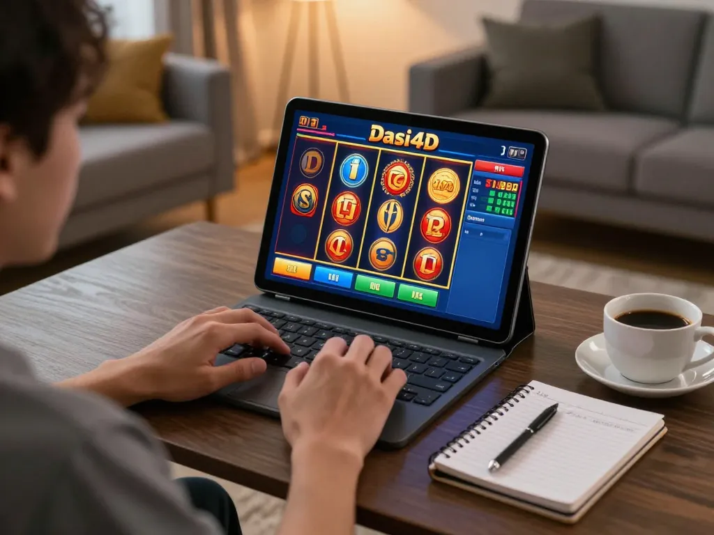 Pemain terlibat dalam slot dasi4d di tablet di lingkungan rumah yang nyaman, mempromosikan permainan yang bertanggung jawab.