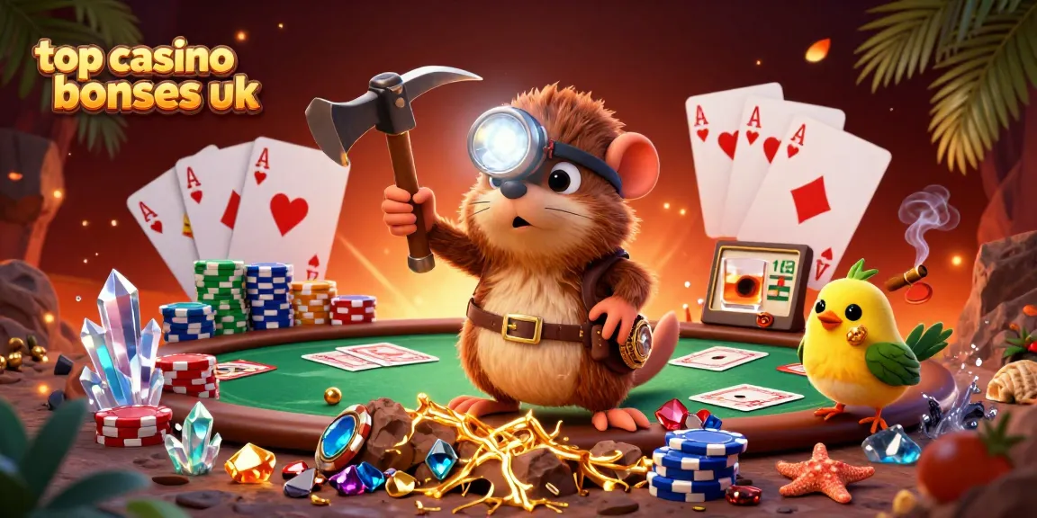 Capture top casino bonuses uk with vibrant casino-themed illustration, featuring a treasure hunter mole and game elements.