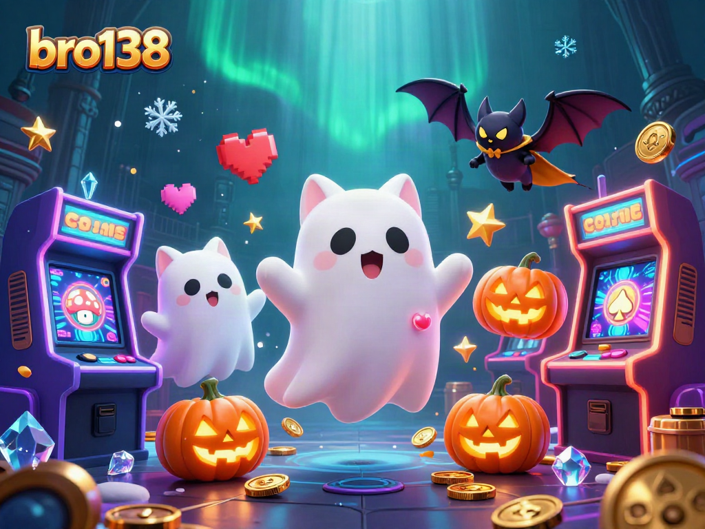 Experience the thrill at bro138 where a friendly ghost cat plays in a vibrant haunted casino.