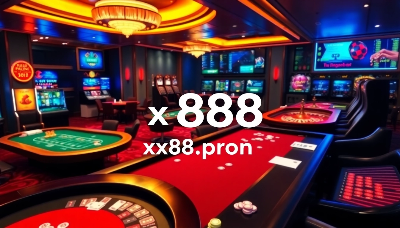 Experience thrilling gameplay at xx88.promo with a vibrant online casino atmosphere featuring tables, cards, and chips.