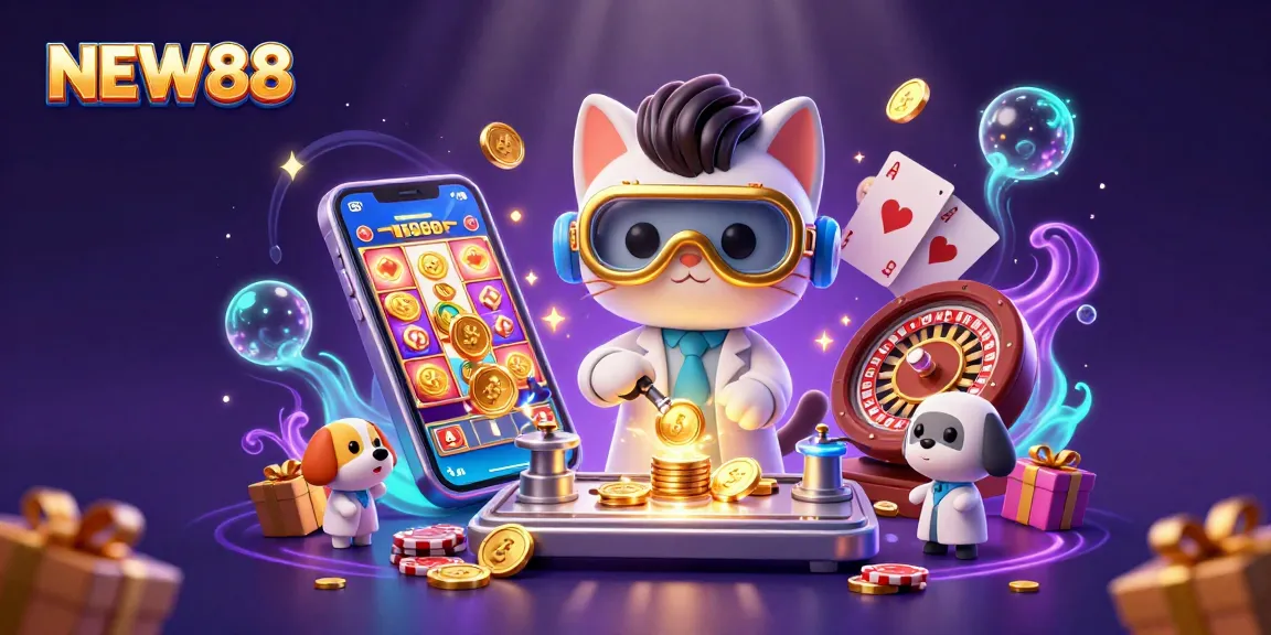 NEW88 engages players with colorful slot themes and winning opportunities in a captivating scene.
