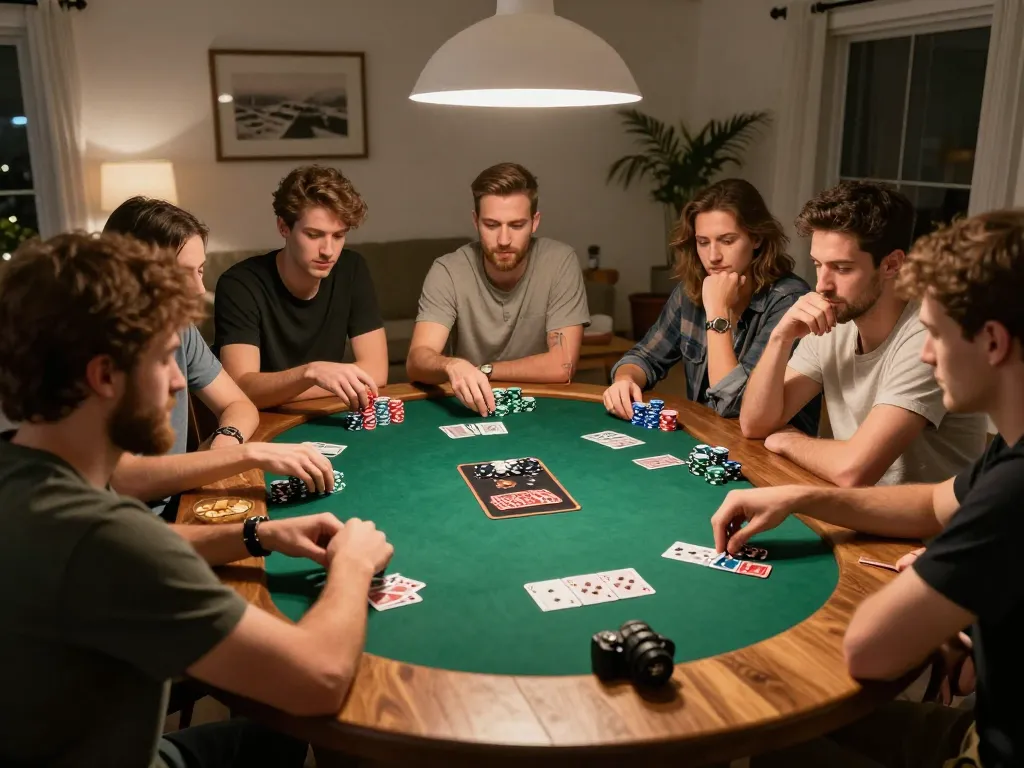 Friends engaging in a thrilling poker game at home, fostering strategic gameplay around the table with badak178’s classic atmosphere.