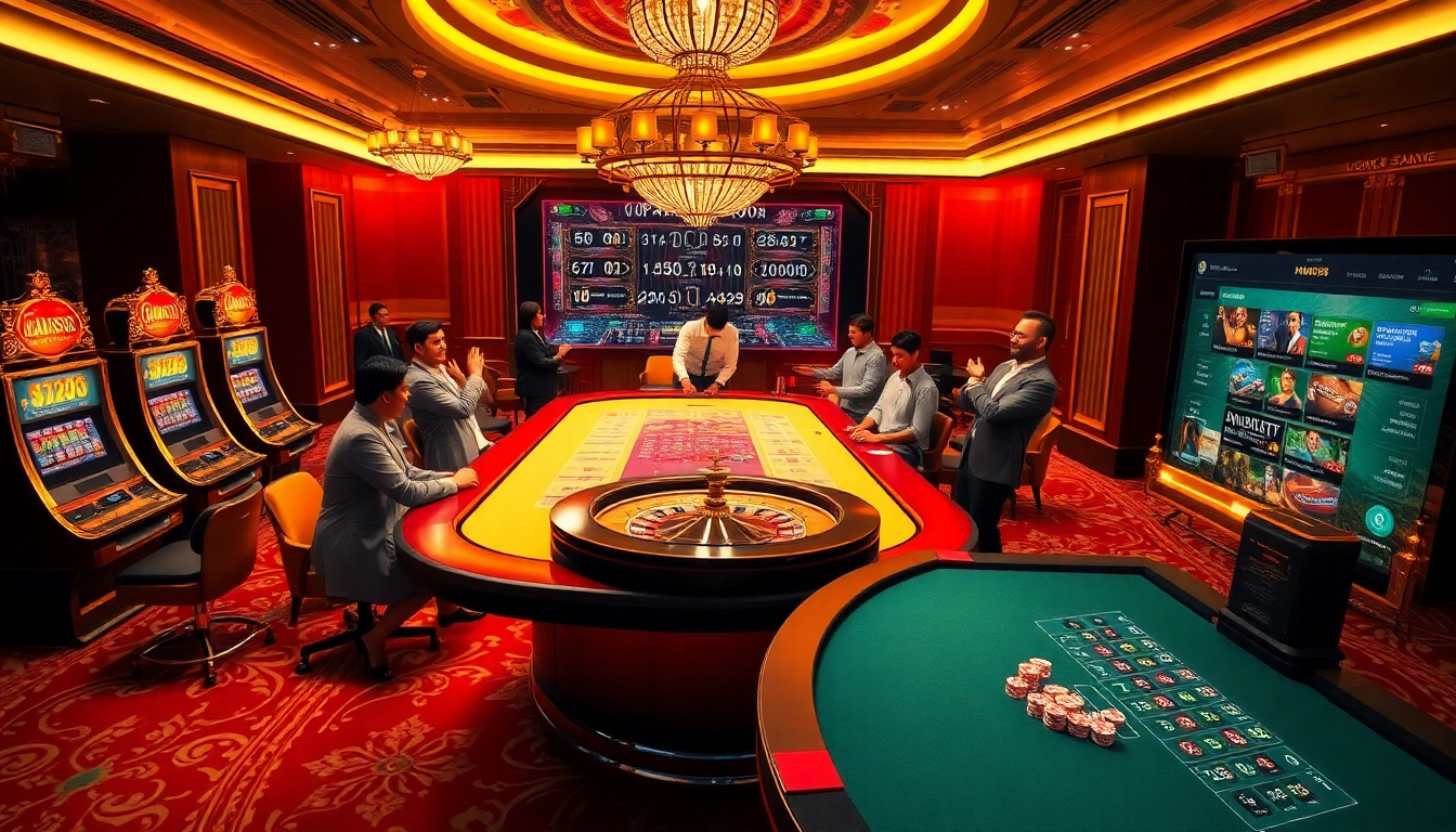 High-stakes gamblers playing at the MM88 casino table with vibrant slot machines excitedly nearby.