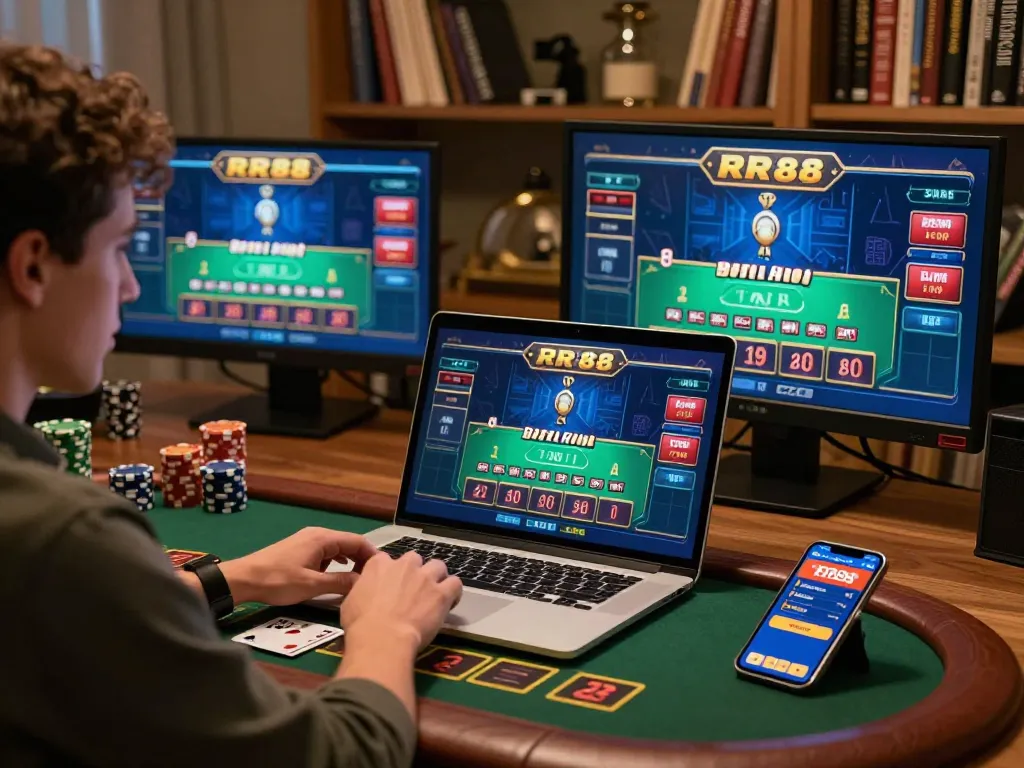Player engaging in live blackjack at RR88, showcasing stylish gaming setup and responsible strategies.