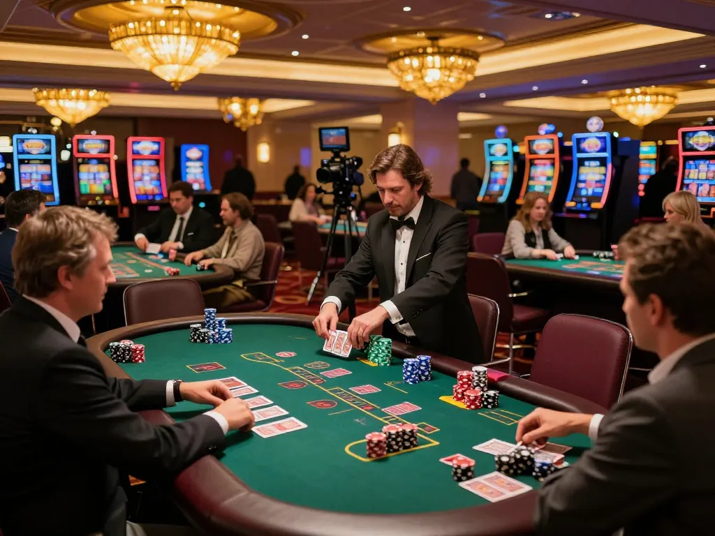 MM88 players engaging in a thrilling blackjack game amidst an upscale casino environment.