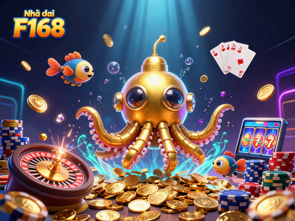 Engage in thrilling gaming at Nhà cái F168 with a vibrant illustration of a golden kraken amidst cascading coins.