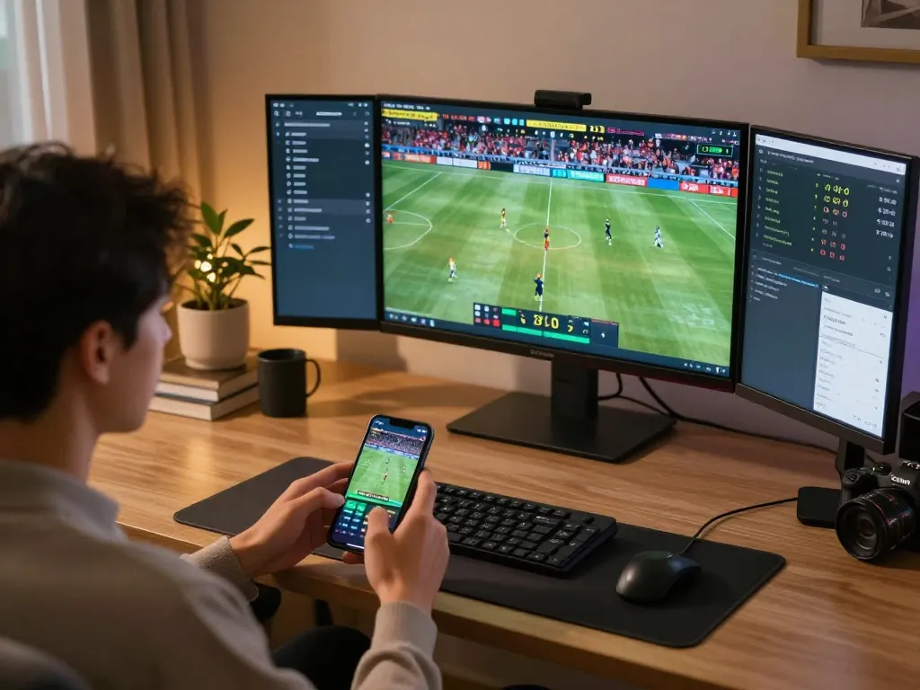 Engaging in sports betting at home with tg88 app on smartphone, warm ambient lighting enhancing the atmosphere