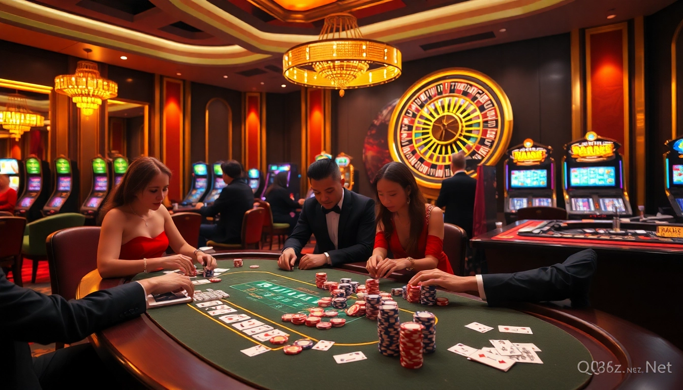 Players strategizing at a poker table in a luxurious casino scene featuring QQ88z Net's gaming excitement.