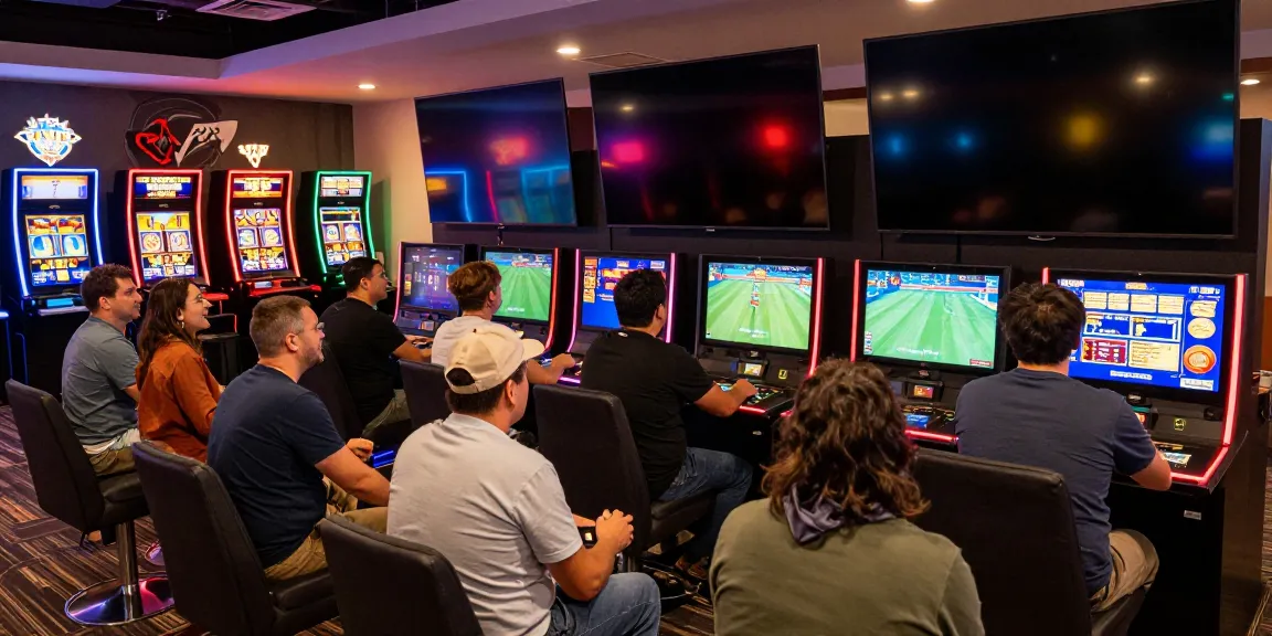 A vibrant gambling scene showing players at Akunjp terminals celebrating wins in an engaging lounge.