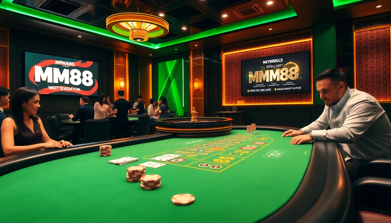 High-stakes poker table featuring MM88 branding with chips and cards, conveying excitement and professionalism.