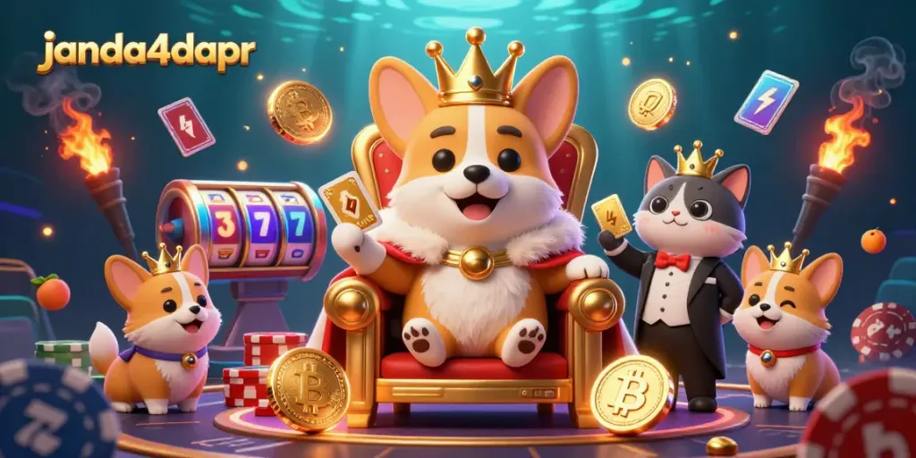 Menangkan permainan dengan janda4dapr, menunjukkan corgi kerajaan memimpin di kasino digital yang ramai.