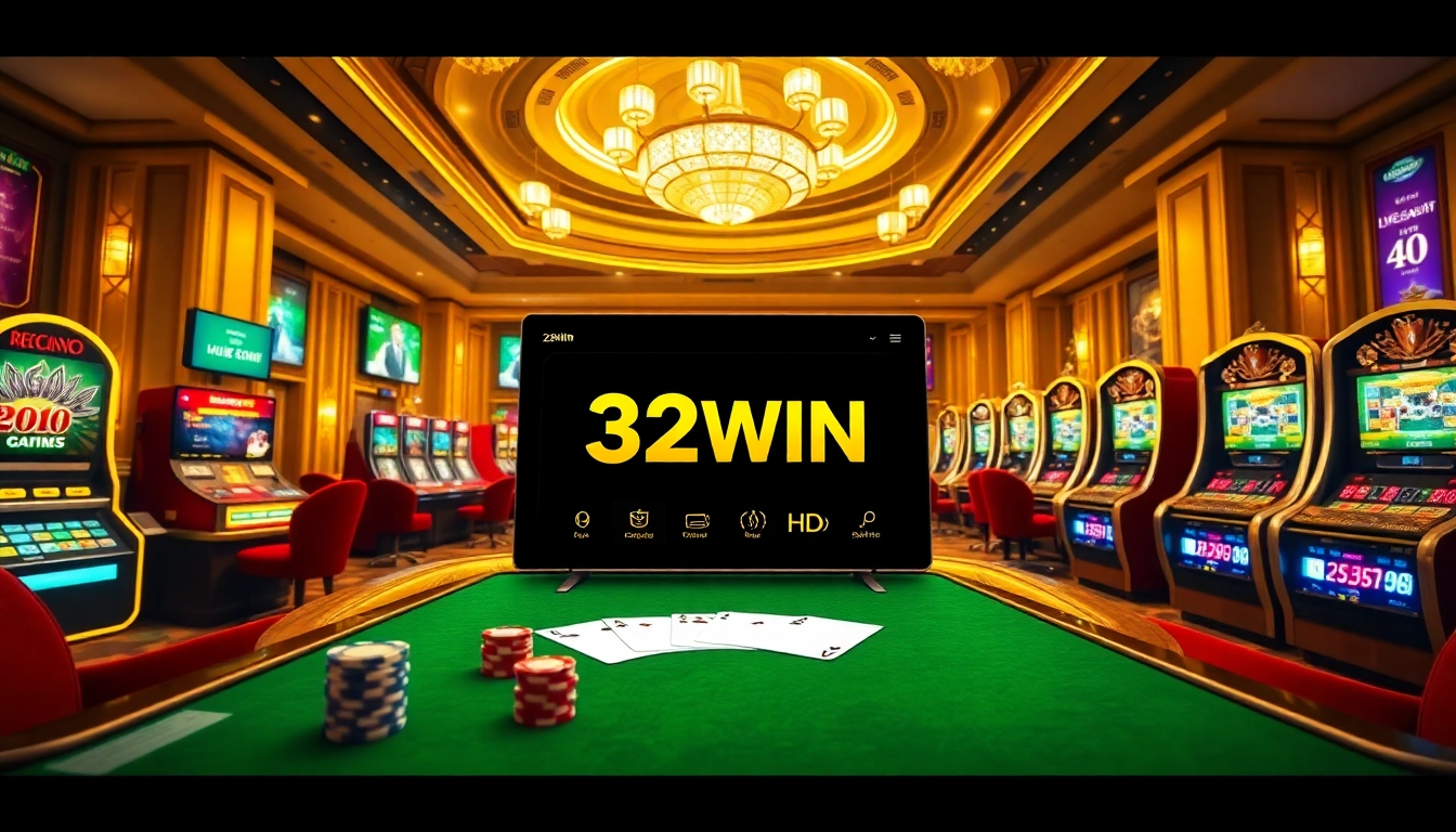 Players immersed in the thrilling casino experience at 32WIN, with vibrant games and live dealer action.