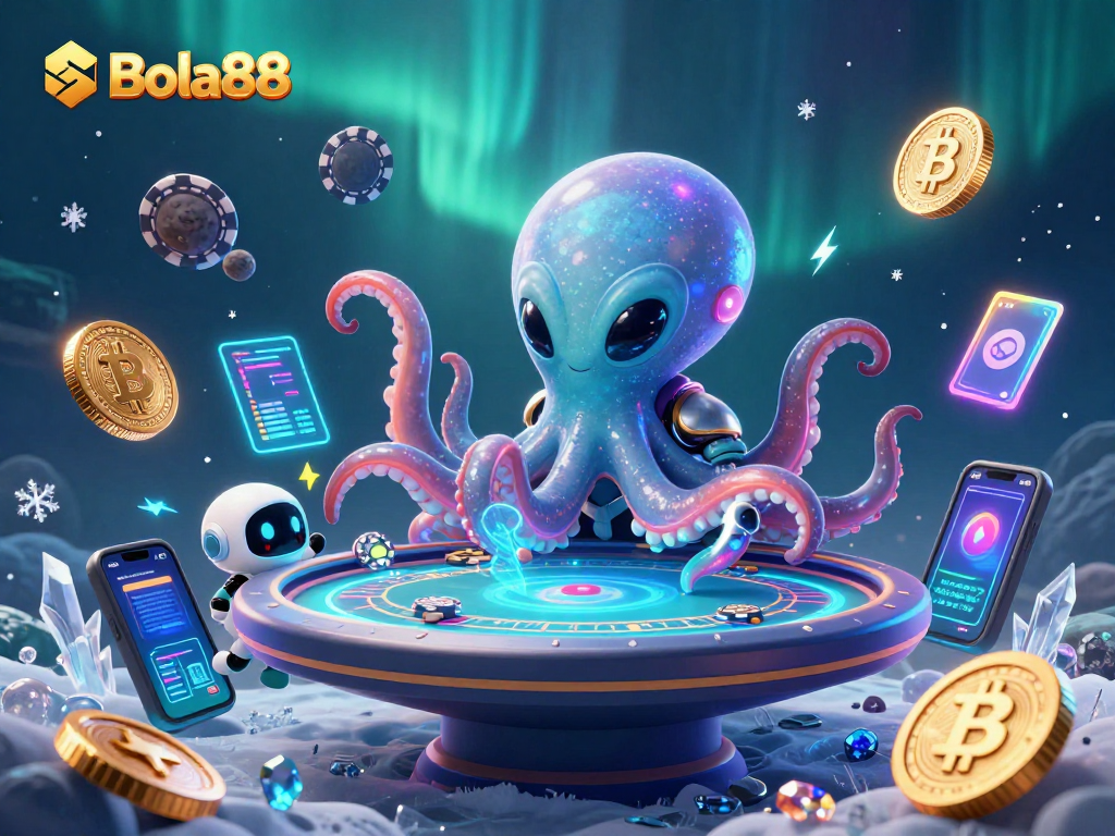 Menghadiri permainan poker di Bola88 dengan karakter cumi-cumi alien berwarna-warni dan robot mengejutkan