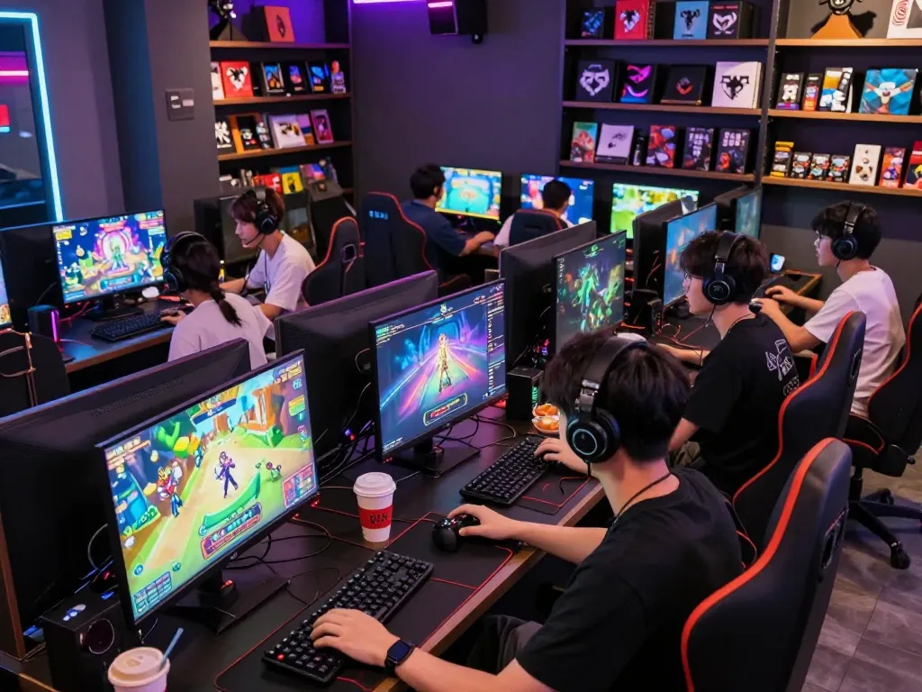 Players engaging with porngames in a lively gaming café.