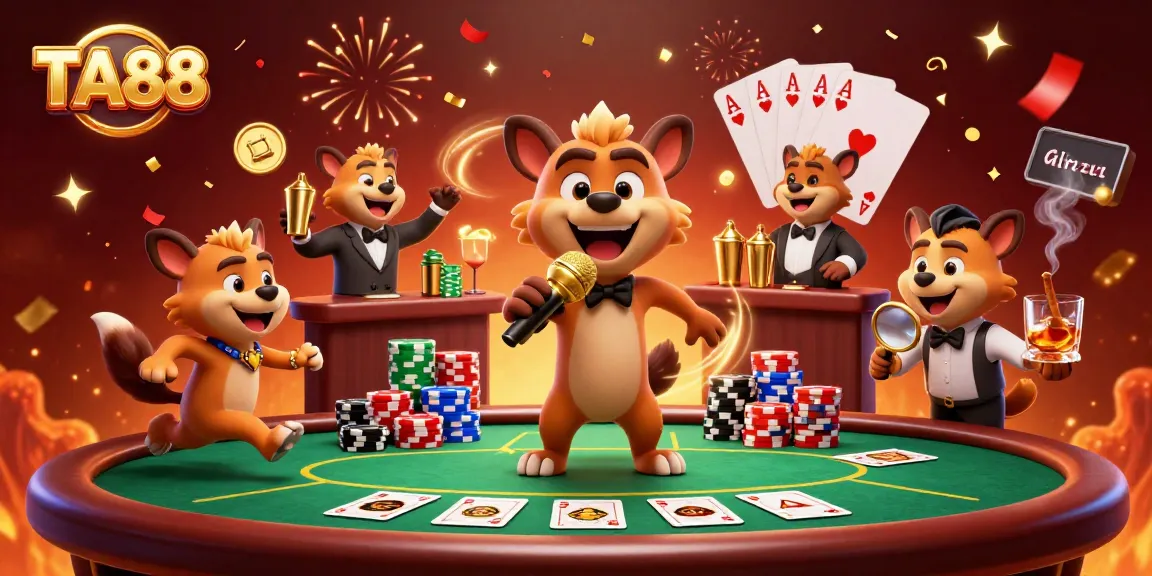 TA88 hyenas in a vibrant casino scene mixing drinks, telling jokes, and checking IDs