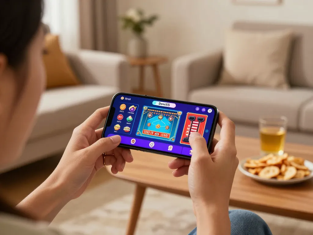 Playing Done55 mobile app for real incentives in a cozy home setting
