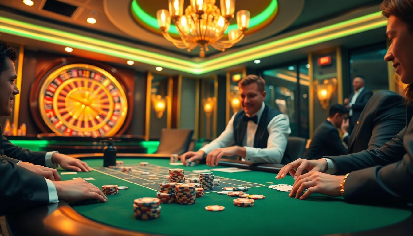 Players at a poker table enjoying their time at king88 casino, showcasing excitement and strategy.
