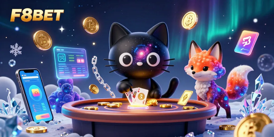 Engage with F8BET's vibrant casino experience featuring a black hole cat and colorful elements.