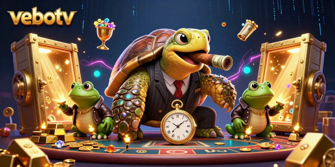Experience vebotv's thrilling atmosphere with a cartoon turtle mobster and bullfrog enforcers in a high-stakes casino setting.