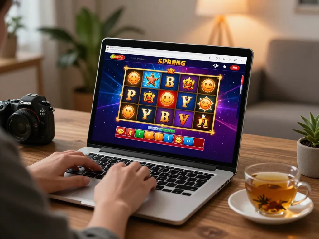 Engaging house scene of responsible gaming at nhà cái uy tín tr88, highlighting online slot gameplay on a laptop