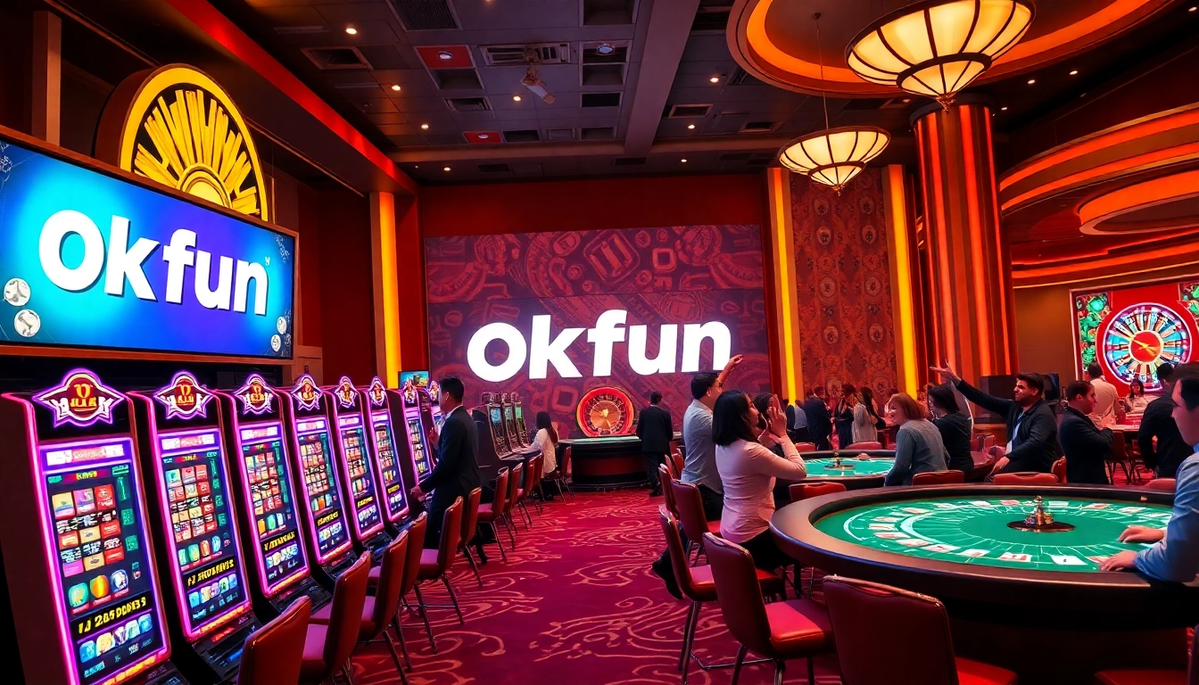 Engaging scene of gamblers playing at Okfun’s vibrant slot machines and gaming tables, showcasing excitement.