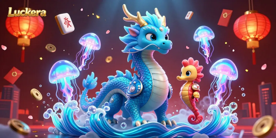 Luckera's azure water dragon and knight play among vibrant casino-themed elements, captivating players.