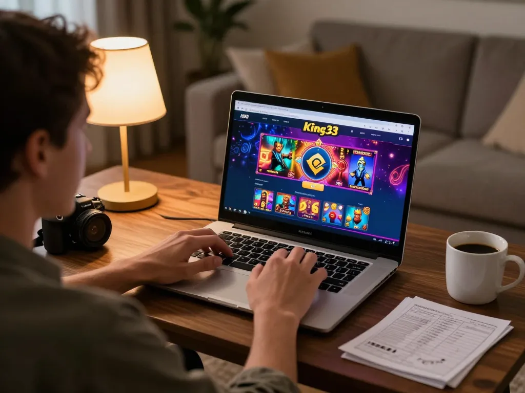 Player enjoying online gaming experience at king33 with a laptop displaying vibrant graphics and strategy notes.