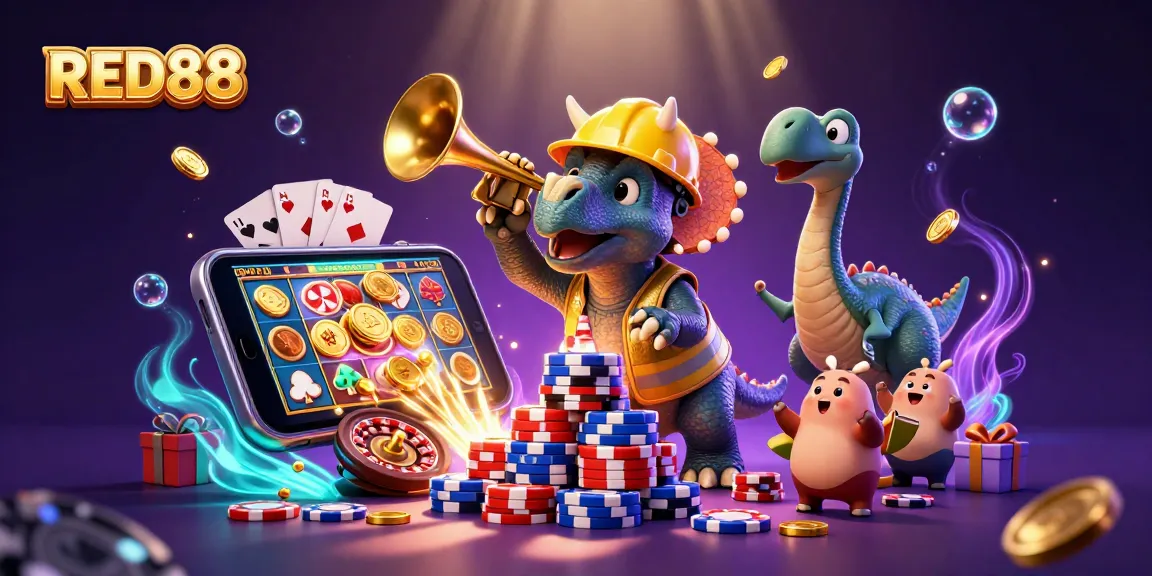 Win big with RED88 in a vibrant casino scene featuring playful characters and game elements.