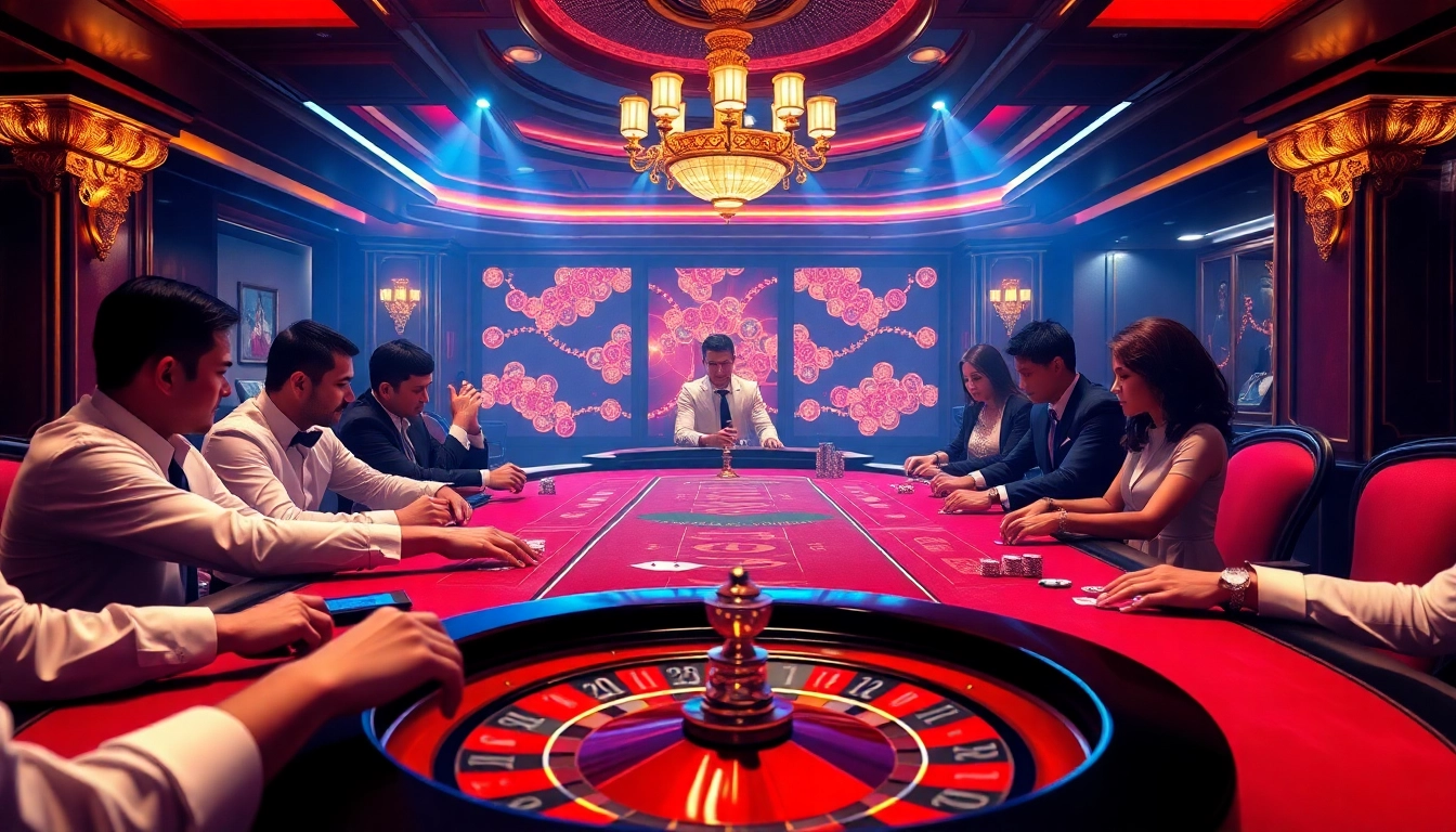 Players enjoying a thrilling poker game at https://thabet77.sa.com/ in a luxurious casino setting.