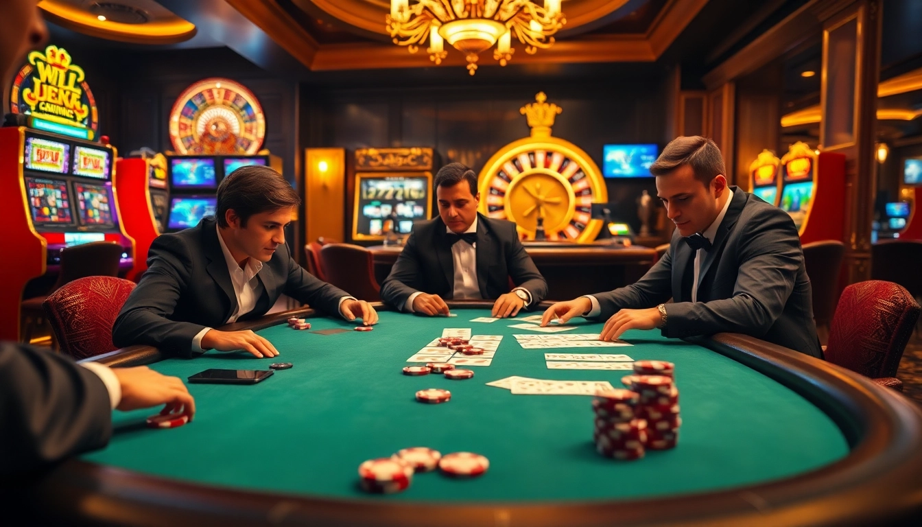 Engaged players at a poker table in a luxurious casino, showcasing https://622bett.com.br/ excitement and strategy.