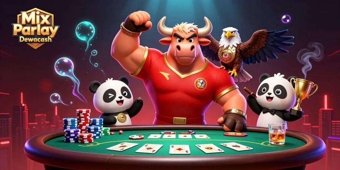 Engage in Mix Parlay Dewacash with a victorious bull mascot, eagle, and panda at a vibrant poker scene.