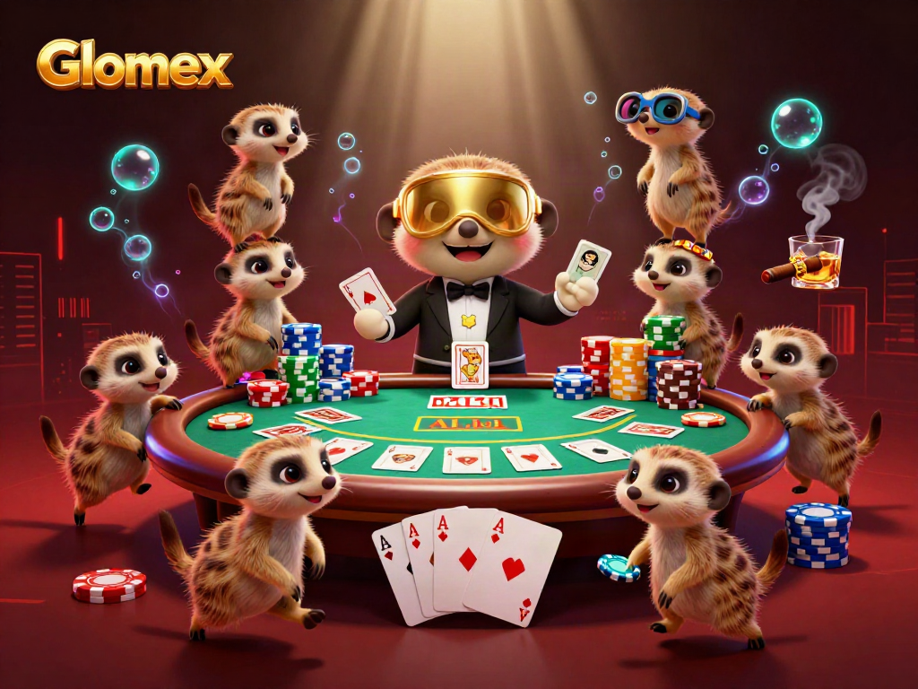 Experience thrilling Glomex casino action with meerkats running an elaborate poker game.