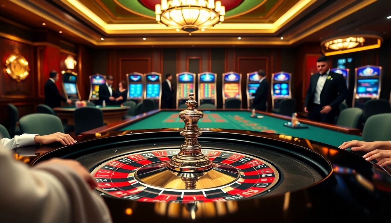 Experience the excitement of jbo.com with players at a luxurious roulette table in a high-stakes casino.